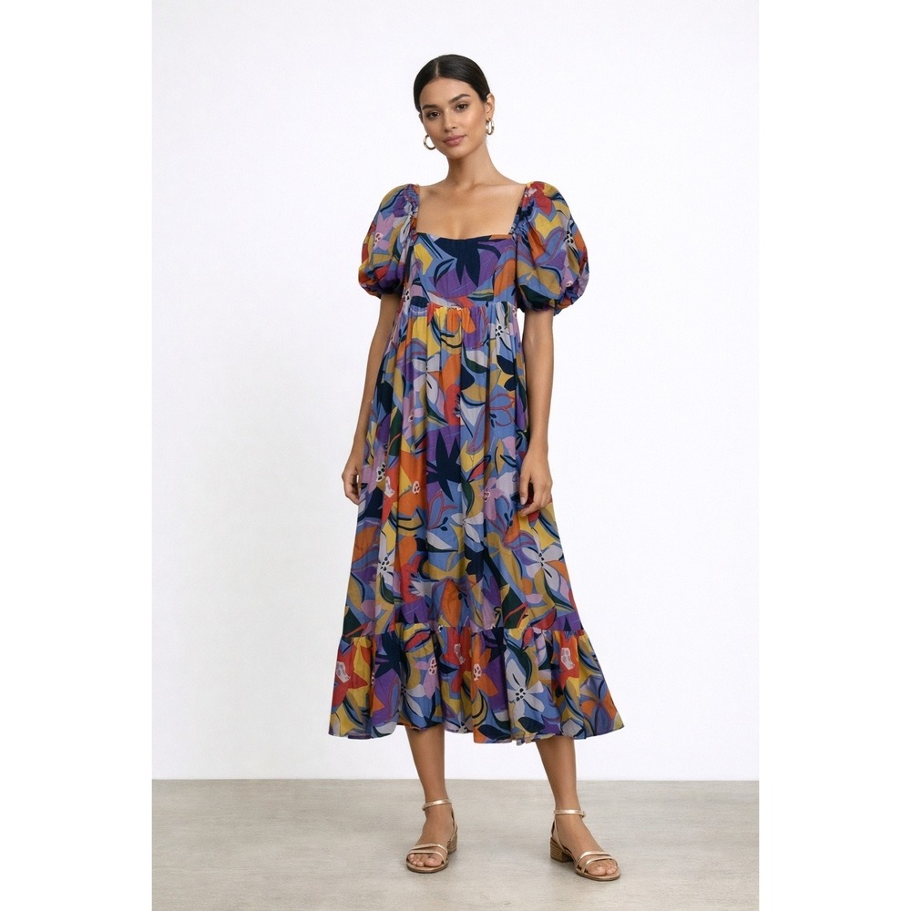 Storia Midi Dress Womens Sz Small Rayon Floral Vibrant Puff Sleeve Pleated Lined